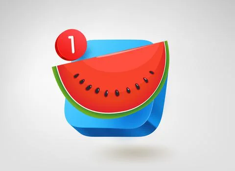Red water melon on blue button with notification. 3d vector mobile applicatio 스톡 일러스트
