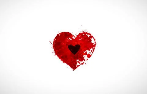 Red watercolor grunge heart with small black heart inside on white background. Stock Illustration