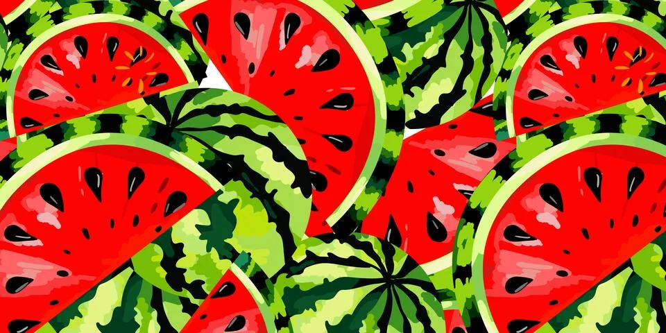 Red watermelon pattern seamless design with slices and whole fruit vector a.. Stock Illustration