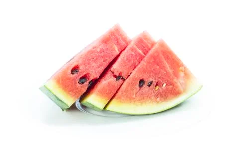 Red Watermelon slice fruit on white plate Stock Photos