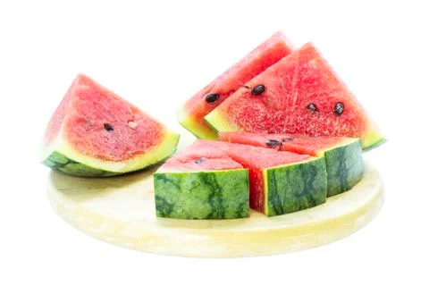 Red Watermelon slice fruit on wood plate Stock Photos