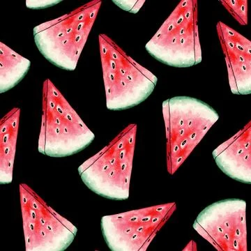 Red Watermelon Slices Seamless Pattern on Black Background. Stock Illustration