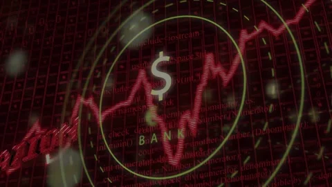 Red waveform pulsing, bank emblem anchoring, graph dipping then rising, Stock Footage 333818113