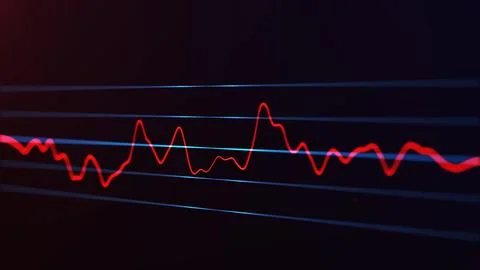 Red waveform signal with blue data lines on dark background, dynamic digita.. Illustrazione stock