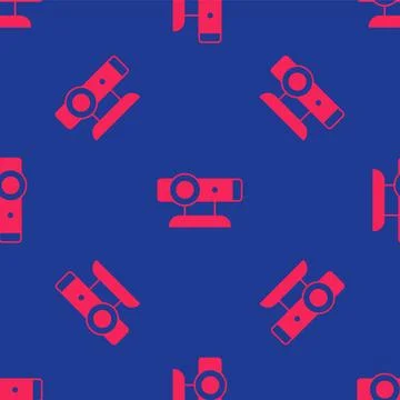 Red Web camera icon isolated seamless pattern on blue background. Chat camera Illustrazione stock
