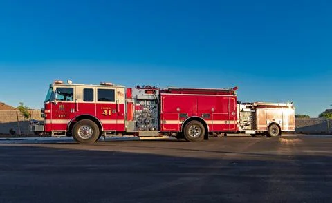 Red West Sacramento fire engine parked on new street Stock Photos
