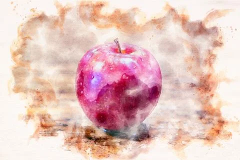 Red wet apple on rustic wooden table Stock Illustration