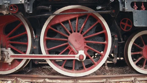 Red wheels of an old steam train Stock Footage 112364215