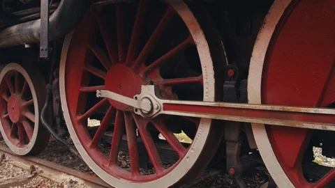 Red wheels of an old steam train Stock Footage 112364937