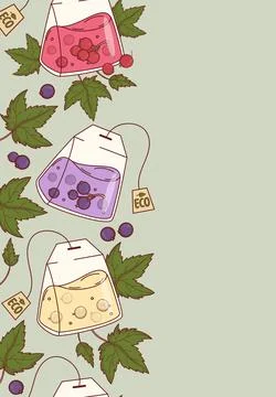 Red, White and Black Currant Berry Tea Bag Seamless Border. Natural Herbal .. Illustrazione stock