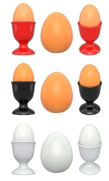 Red, white, and black eggs placed in glossy egg cups, isolated on white trans Stock Illustration