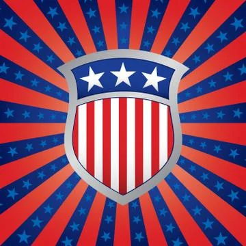 Red white and blue shield on a stars and stripes background 库存插图