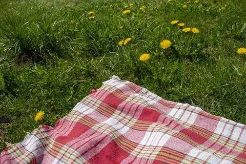 The red, white, and yellow patterned picnic blanket laid on green grass wit.. Stock Photos