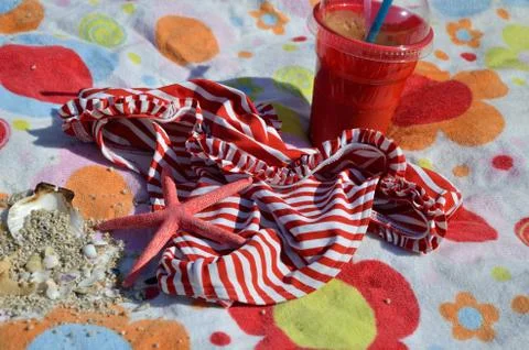 Red-White Bikini and Coffee Stock Photos