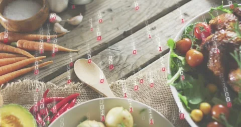Red white binary streams appearing on right side cascading over dishes, Stock Footage 317791647