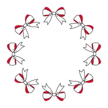 Red white bows arranged in circular wreath shape. Simple flat vector design 스톡 일러스트