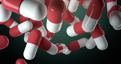 Red &amp; White Capsules falling down in a 3D animation Stock Footage 251376652