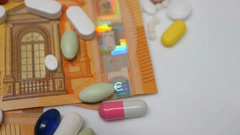 Red, white, colored pills rotating on 50s euro banknotes from the left side Stock Footage 86177888