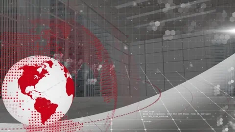 Red-white dotted globe emerging on left spinning with orbit line sweeping below Stock Footage 326301745