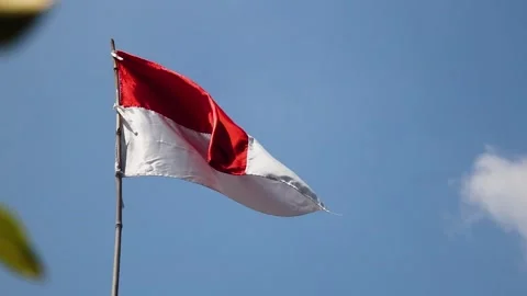 Red White Flag. Flag of the republic indonesia with blue sky as background Stock Footage 246893379