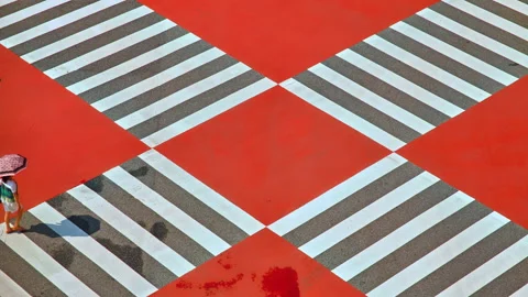 Red White Geometric Patterned Plaza Wide View Seoul Stock Footage 340242890