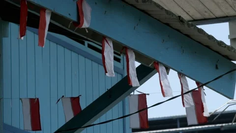 Red white Indonesia flag pennants hanging as decoration Stock Footage 137075448