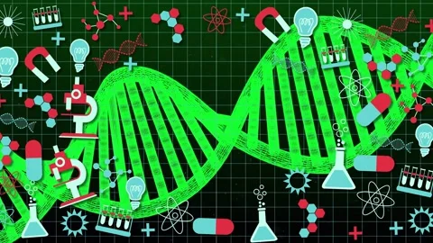 Red-white lab icon appearing neon DNA helix uncoiling sweeping right icons Stock Footage 335211676