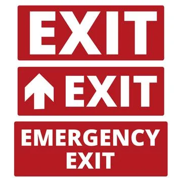 Red with white letters emergency exit signs on a white background Illustrazione stock