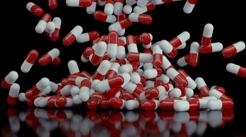 Red White Pills Fall to The Black Ground, 3d Animation 4k Stock Footage 64051643