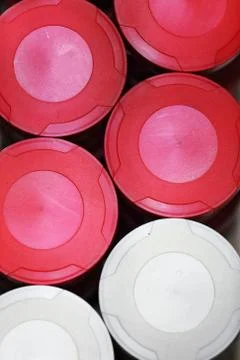 Red-white plastic bins put together. Shop in Ruoqiang Charkhlik-Xinjiang-CN 0414 Foto stock