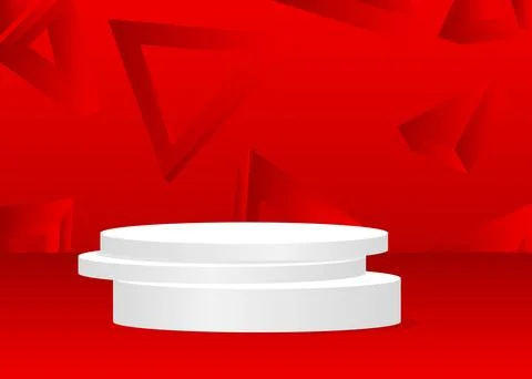 Red, White product display. Vector 3D room, cylinder pedestal podium. Stage.. Stock Illustration