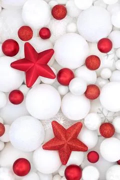 Red White Star and Sphere Shape Christmas Decorations Background Stock Photos