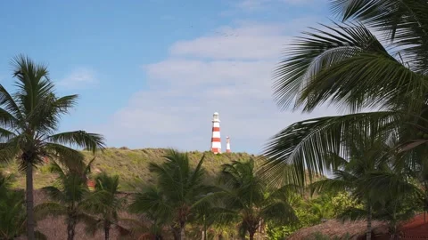 Red white striped lighthouse on the mountain. View through coconut palm trees. Stock Footage 236655814