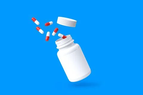 Red-white tablets explode from a flying bottle on blue background イラスト素材
