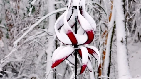 Red Wind Spinner, covered with snow, spins in the wind in winter Vídeos de archivo 331612037