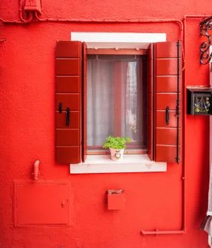 Red window in Burano Stock Photos