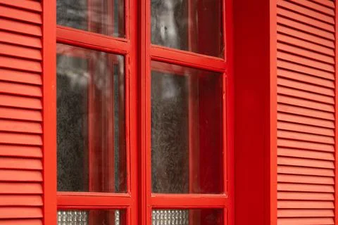 Red window frame work shutter winter frozen pattern December concept perspect Stock Photos