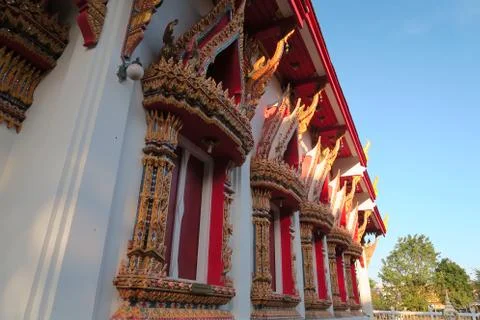 Red windows at a temple Stock Photos