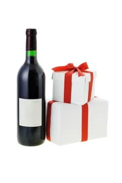Red wine and gift boxes Stock Photos