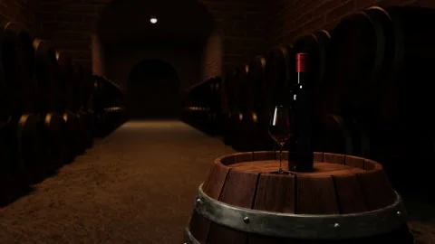 Red wine bottle and clear glass with red wine Put on a wine fermentation tank Stock Footage 162083092