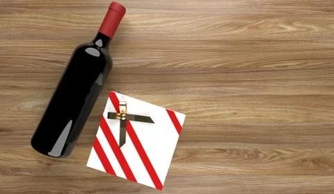 Red Wine Bottle With Gift Box On Wood Surface Stock Illustration