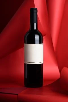 Red Wine Bottle on Red Background. Elegant Festive Still Life Stock Photos