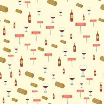Red wine bottles, corks and wine glasses seamless pattern Stock Illustration