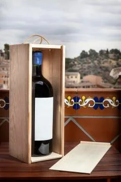 Red wine with box landscape background Stock Photos