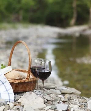 Red wine, cheese and bread served at a picnic. Mountain river background 스톡 사진