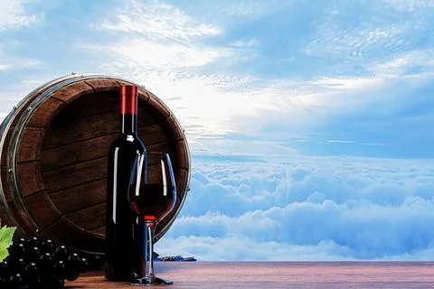 Red wine in clear glass and dark wine bottle Oak wine fermentation tank Pla.. Stock Photos