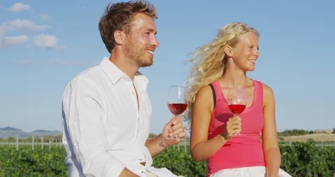 Red wine drinking couple romantic enjoying wine tasting at vineyard Video stock 86340696