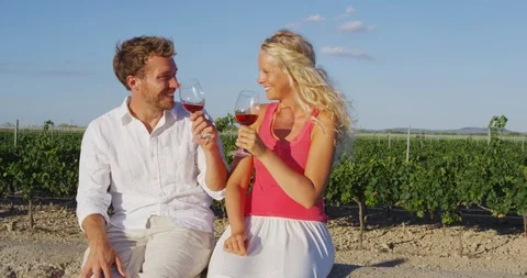 Red wine drinking couple toasting at vineyard - romantic date Video stock 86340629