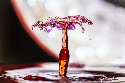 Red wine drop falling and colliding, creating an explosive crown sculpture Stock Photos