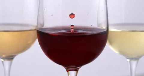 Red wine drop is falling with splashes in transparent glass in wine cellar Stock Footage 268473600